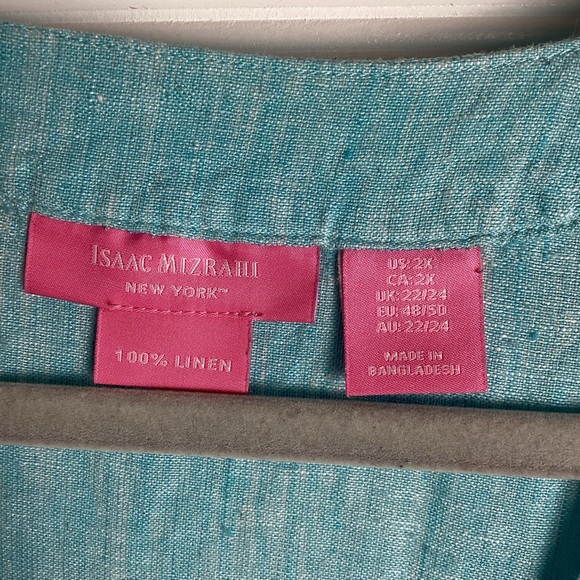 Isaac Mizrahi Womens 100% Linen Blue Boxy V Neck Cuffed Cap Sleeve Top Size 2X - Picture 3 of 9
